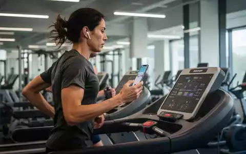 Eine Person trainiert auf einem Laufband in einem Fitnessstudio und nutzt ein iPhone zur Kopplung mit dem Gerät. - Foto: über boerse-global.de
