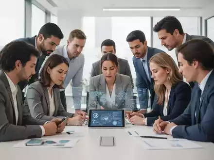 Ein diverses Team in einem modernen Büro arbeitet konzentriert an einer digitalen Lösung, während sie gemeinsam an einem Besprechungstisch sitzen. - Foto: über boerse-global.de