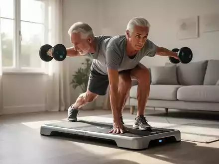 Eine Person über 50 trainiert konzentriert auf einem Fitness-Board in einem hellen Wohnzimmer. - Foto: über boerse-global.de