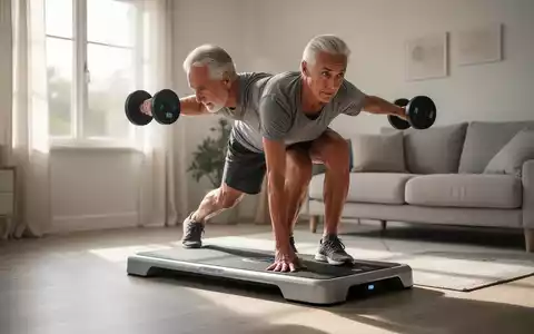 Eine Person über 50 trainiert konzentriert auf einem Fitness-Board in einem hellen Wohnzimmer. - Foto: über boerse-global.de