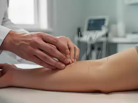 Ein Akupunkteur übt sanften Druck auf einen Punkt am Unterarm eines Patienten aus, um Schulterschmerzen zu behandeln. - Foto: über boerse-global.de
