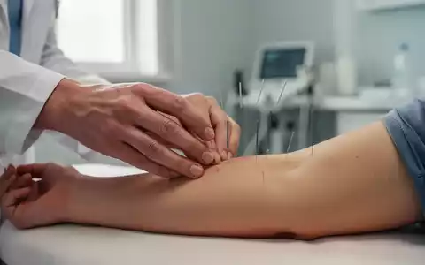 Ein Akupunkteur übt sanften Druck auf einen Punkt am Unterarm eines Patienten aus, um Schulterschmerzen zu behandeln. - Foto: über boerse-global.de