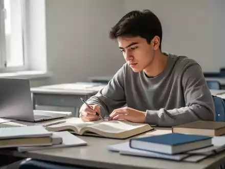 Ein Schüler konzentriert sich an einem Schreibtisch auf ein offenes Lehrbuch, während ein Laptop geschlossen daneben liegt. - Foto: über boerse-global.de