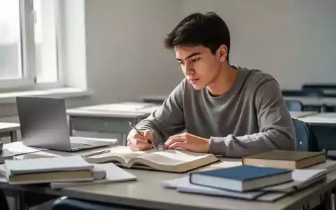 Ein Schüler konzentriert sich an einem Schreibtisch auf ein offenes Lehrbuch, während ein Laptop geschlossen daneben liegt. - Foto: über boerse-global.de
