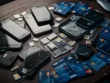 Sichergestellte Smartphones, SIM-Karten und Bankkarten auf einem Tisch als Beweismittel einer polizeilichen Ermittlung. - Foto: über boerse-global.de