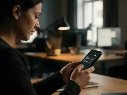 Eine Person hält ein modernes Smartphone in einem Büro, wobei der Fokus auf dem Akku-Status des Geräts liegt. - Foto: über boerse-global.de
