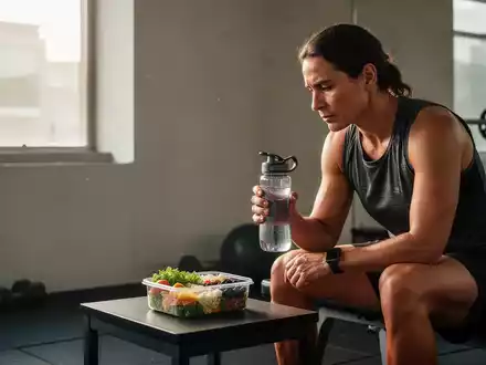 Eine Person sitzt in Sportkleidung in einem Fitnessraum und betrachtet eine gesunde Mahlzeit als Teil der Ernährungsstrategie. - Foto: über boerse-global.de