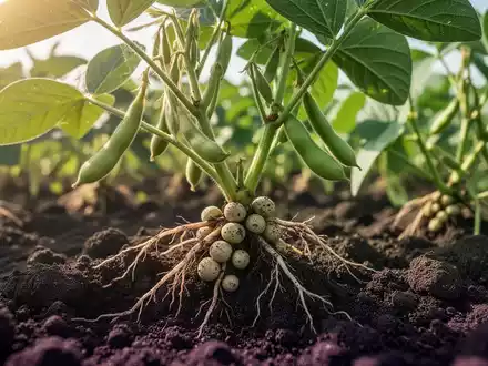 Nahaufnahme von Wurzelknöllchen an einer Sojabohne in nährstoffreicher Erde auf einem landwirtschaftlichen Feld. - Foto: über boerse-global.de