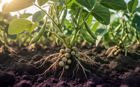 Nahaufnahme von Wurzelknöllchen an einer Sojabohne in nährstoffreicher Erde auf einem landwirtschaftlichen Feld. - Foto: über boerse-global.de
