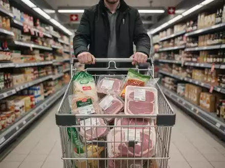 Eine Person schiebt einen Einkaufswagen mit verschiedenen Lebensmitteln durch einen modernen Supermarkt. - Foto: über boerse-global.de