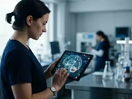 Ein modernes Tablet zeigt abstrakte neuronale Datenmuster zur Analyse der kognitiven Gesundheit in einer Arztpraxis. - Foto: über boerse-global.de