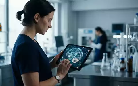 Ein modernes Tablet zeigt abstrakte neuronale Datenmuster zur Analyse der kognitiven Gesundheit in einer Arztpraxis. - Foto: über boerse-global.de
