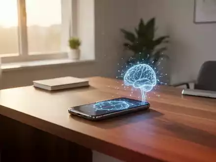 Ein Smartphone mit einem KI-Symbol auf einem Schreibtisch in einer modernen, hellen Praxis für psychologische Beratung. - Foto: über boerse-global.de