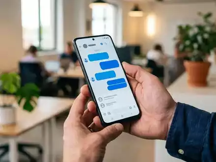 Nahaufnahme einer Person, die ein Android-Smartphone mit einer Messaging-App und blauen Chat-Blasen hält. - Foto: über boerse-global.de