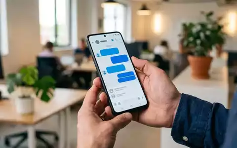 Nahaufnahme einer Person, die ein Android-Smartphone mit einer Messaging-App und blauen Chat-Blasen hält. - Foto: über boerse-global.de