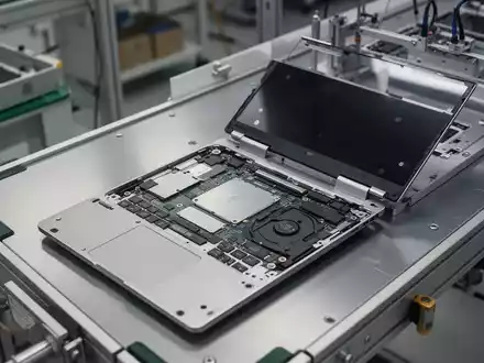 Ein moderner Laptop in einer professionellen Fertigungslinie während der Montage. - Foto: über boerse-global.de