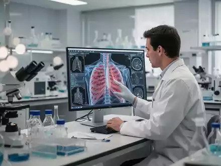 Ein medizinischer Forscher betrachtet eine hochauflösende anatomische Darstellung des menschlichen Brustbereichs in einem Labor. - Foto: über boerse-global.de