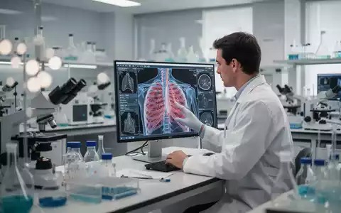 Ein medizinischer Forscher betrachtet eine hochauflösende anatomische Darstellung des menschlichen Brustbereichs in einem Labor. - Foto: über boerse-global.de