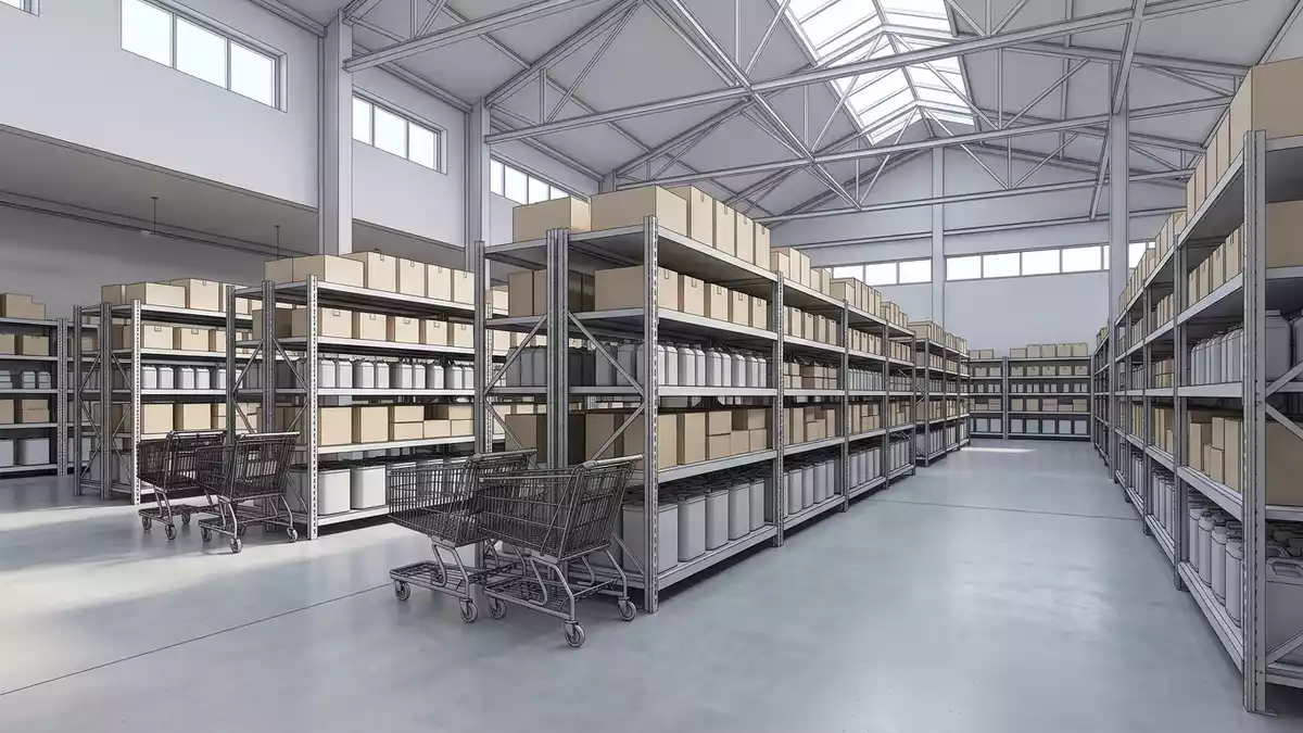 Architektur-Render im Großmarkt mit Einkaufswagen im Ausstellungsbereich, neutral