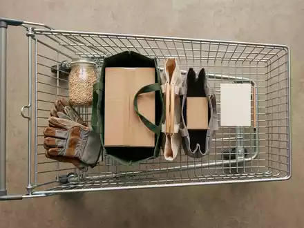 Flatlay-Arrangement rund um Einkaufswagen zum Thema Costco Membership, ISIN US22160K1051, weiches Oberlicht - Foto: THN