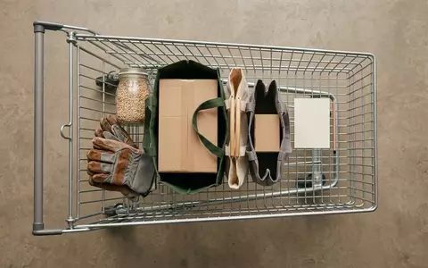 Flatlay-Arrangement rund um Einkaufswagen zum Thema Costco Membership, ISIN US22160K1051, weiches Oberlicht - Foto: THN