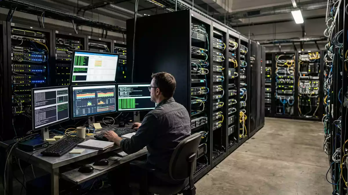Fotorealistische Ansicht von Netzwerksicherheit im Rechenzentrum in realer Umgebung