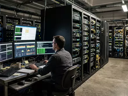 Fotorealistische Aufnahme von Netzwerksicherheit im Rechenzentrum zum Thema CrowdStrike Falcon, ISIN US22788C1053, natuerliches Licht - Foto: THN