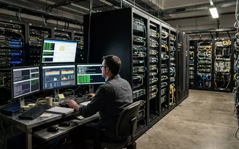 Fotorealistische Aufnahme von Netzwerksicherheit im Rechenzentrum zum Thema CrowdStrike Falcon, ISIN US22788C1053, natuerliches Licht - Foto: THN