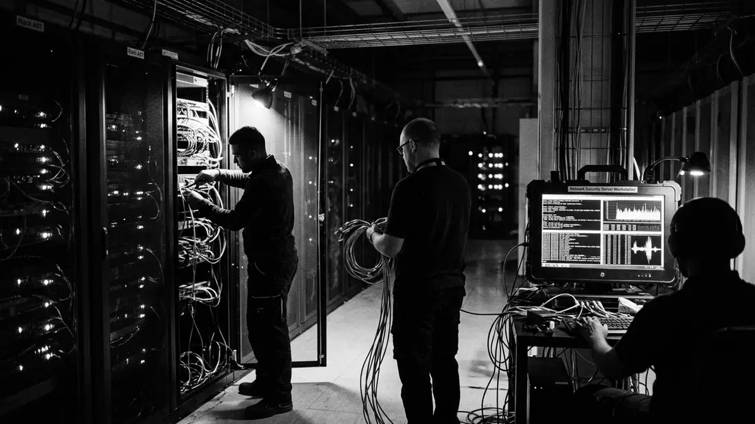 Schwarzweiss-Reportagebild mit Netzwerksicherheit in dokumentarischer Arbeitsumgebung