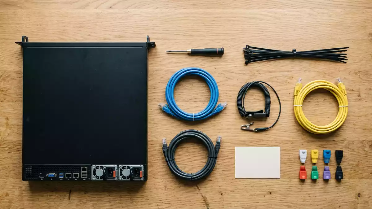 Flatlay-Arrangement rund um Netzwerksicherheit mit passenden Requisiten von oben