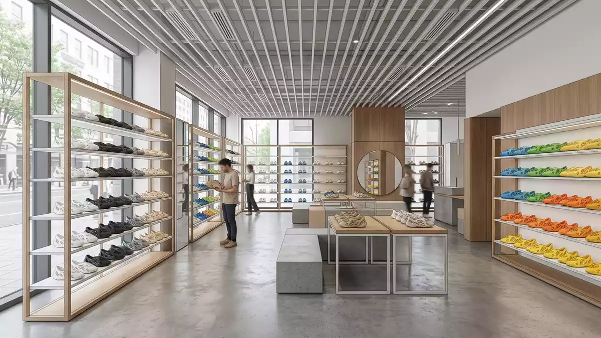 Architektur-Render im Schuhfachhandel mit Schaumstoffclogs im Ausstellungsbereich