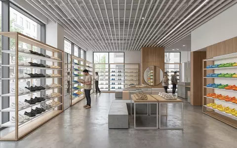 Architektur-Render im Schuhfachhandel mit Schaumstoffclogs zum Thema Crocs Classic Clog, ISIN US2270461096, neutrales Tageslicht - Foto: THN