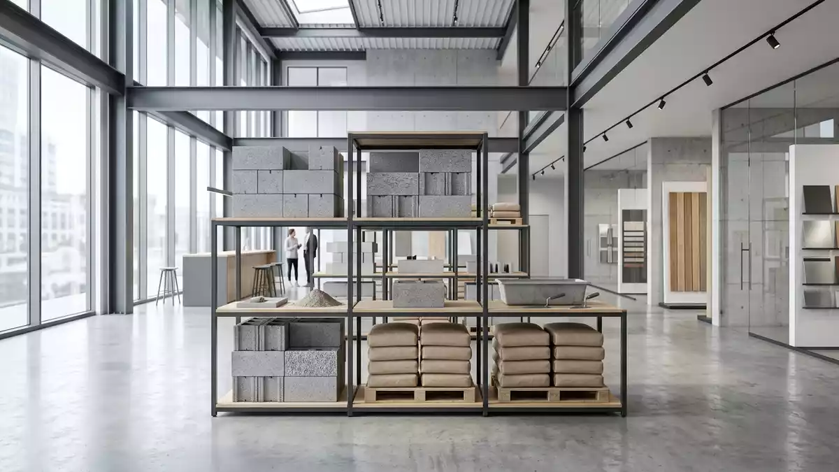 Architektur-Render im Baustoffhandel mit Baustoffe im Ausstellungsbereich, neutral