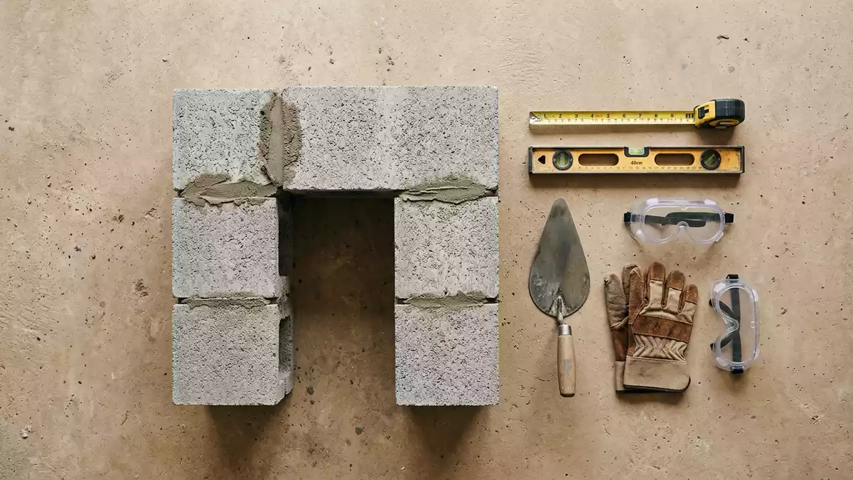 Flatlay-Arrangement rund um Baustoffe mit passenden Requisiten von oben, neutral