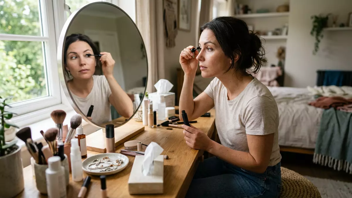 Fotorealistische Ansicht von Mascara beim Schminken in realer Umgebung, neutral
