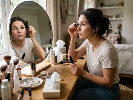 Fotorealistische Aufnahme von Mascara beim Schminken zum Thema Rimmel London Mascara, ISIN US2220702037, natuerliches Licht - Foto: THN