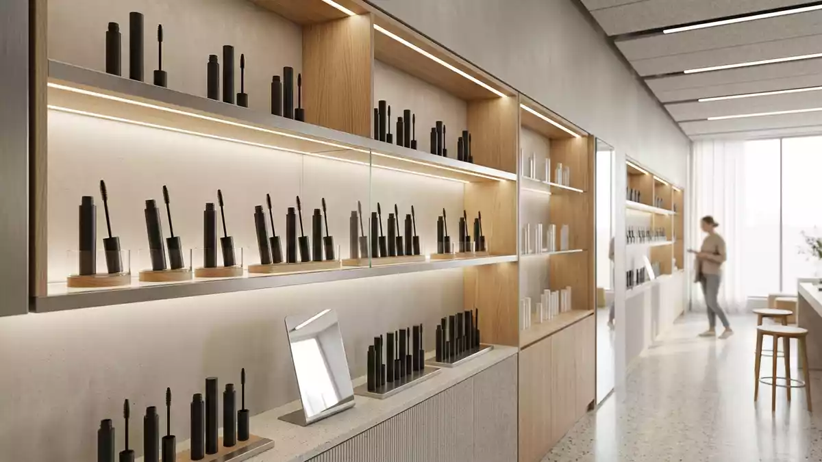Architektur-Render im Kosmetikfachhandel mit Mascara im Ausstellungsbereich, neutral