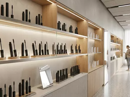 Architektur-Render im Kosmetikfachhandel mit Mascara zum Thema Rimmel London Mascara, ISIN US2220702037, neutrales Tageslicht - Foto: THN