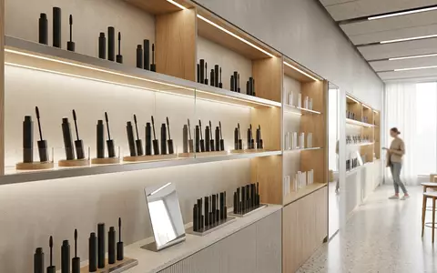 Architektur-Render im Kosmetikfachhandel mit Mascara zum Thema Rimmel London Mascara, ISIN US2220702037, neutrales Tageslicht - Foto: THN