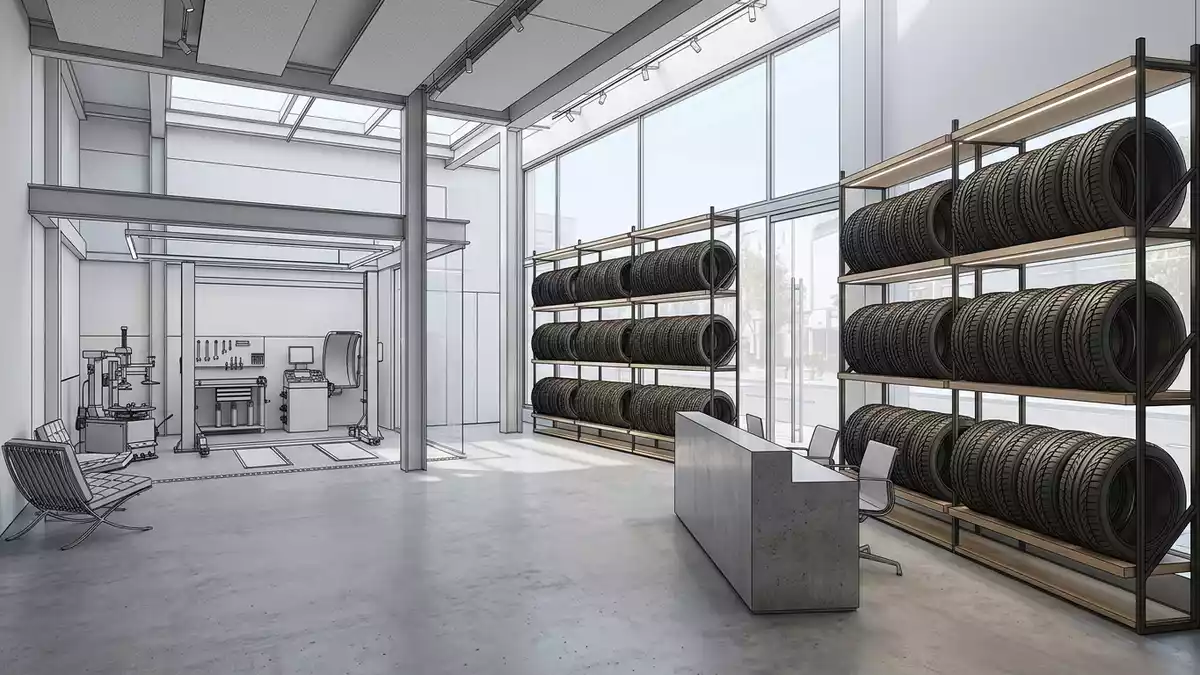 Architektur-Render im Reifenfachhandel mit Sommerreifen im Ausstellungsbereich