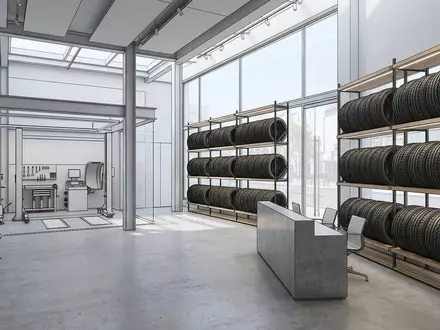 Architektur-Render im Reifenfachhandel mit Sommerreifen zum Thema Michelin Pilot Sport, ISIN FR0000121261, neutrales Tageslicht - Foto: THN