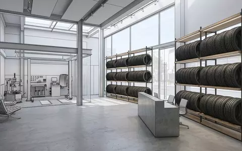 Architektur-Render im Reifenfachhandel mit Sommerreifen zum Thema Michelin Pilot Sport, ISIN FR0000121261, neutrales Tageslicht - Foto: THN