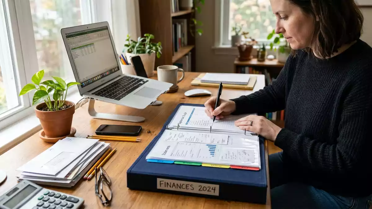 Fotorealistische Ansicht von Finanzunterlagen am Schreibtisch in realer Umgebung