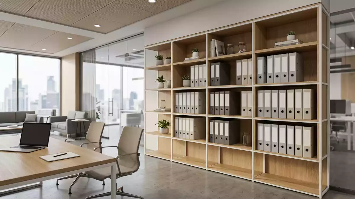 Architektur-Render im Bankfiliale mit Finanzunterlagen im Ausstellungsbereich, neutral