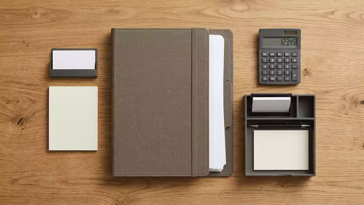 Flatlay-Arrangement rund um Finanzunterlagen mit passenden Requisiten von oben