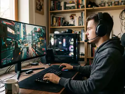 Fotorealistische Aufnahme von Gaming-Headset am Computer zum Thema Corsair Virtuoso Headset, ISIN US22160N1090, natuerliches Licht - Foto: THN