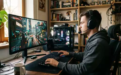 Fotorealistische Aufnahme von Gaming-Headset am Computer zum Thema Corsair Virtuoso Headset, ISIN US22160N1090, natuerliches Licht - Foto: THN