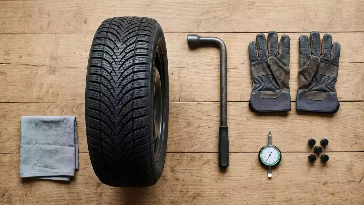 Flatlay-Arrangement rund um Winterreifen mit passenden Requisiten von oben, neutral
