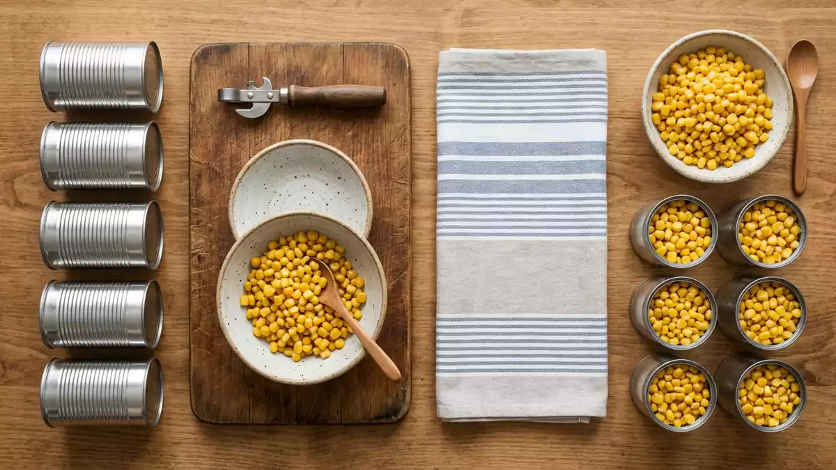 Flatlay-Arrangement rund um Dosenmais mit passenden Requisiten von oben, neutral