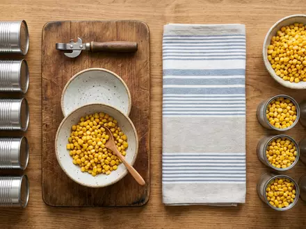 Flatlay-Arrangement rund um Dosenmais zum Thema Bonduelle Goldmais, ISIN FR0000063935, weiches Oberlicht - Foto: THN